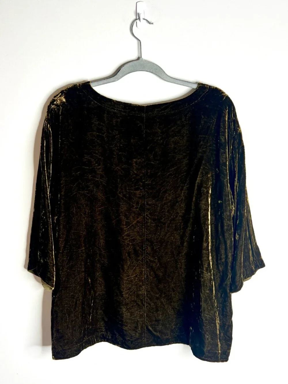 Eileen Fisher Silk Olive Green Crushed Velvet Flowy Top Boxy Whimsigoth Witchy M - Picture 4 of 4